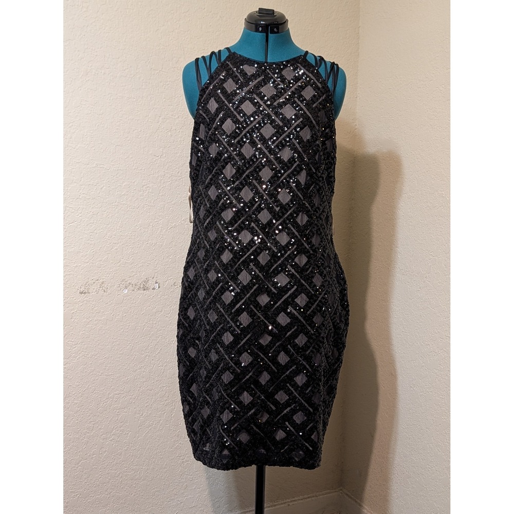 Lauren Ralph Lauren Black Sequin Geometric High Neck Sheath Cocktail Dress 16